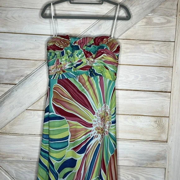 David Meister Strapless Psychedelic Green Floral Ruched Mid Calf Maxi Dress - Picture 5 of 6
